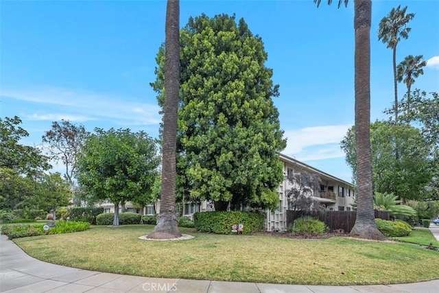 obstructed view of property with a front lawn