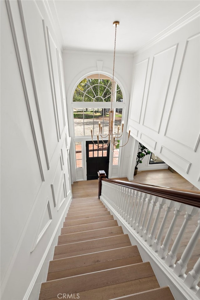 stairs featuring a decorative wall, wood finished floors, an inviting chandelier, and ornamental molding