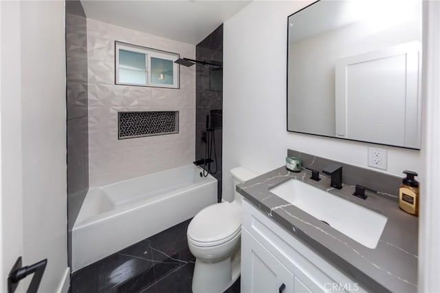 full bathroom with tiled shower / bath combo, vanity, and toilet