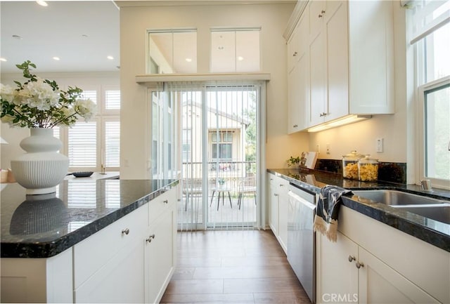 kitchen featuring dark stone counters, white cabinets, and dishwasher