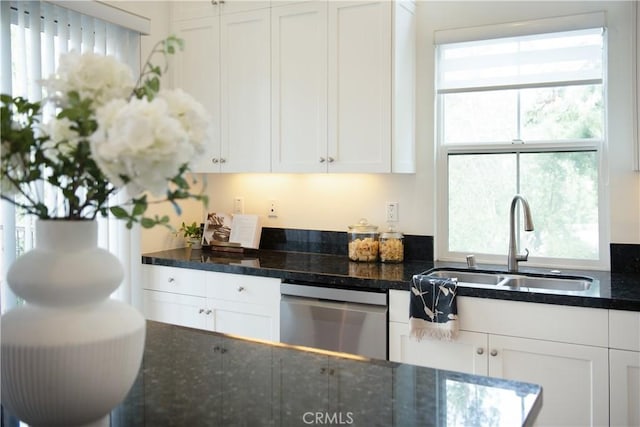 kitchen with sink, dishwasher, dark stone countertops, and white cabinets