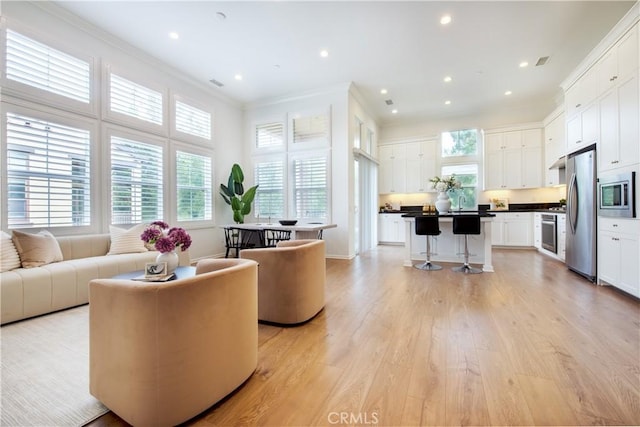 living room featuring ornamental molding and light hardwood / wood-style flooring