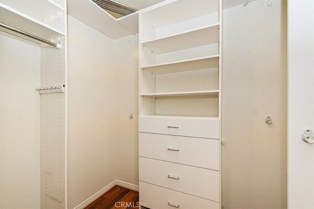 spacious closet with dark hardwood / wood-style floors