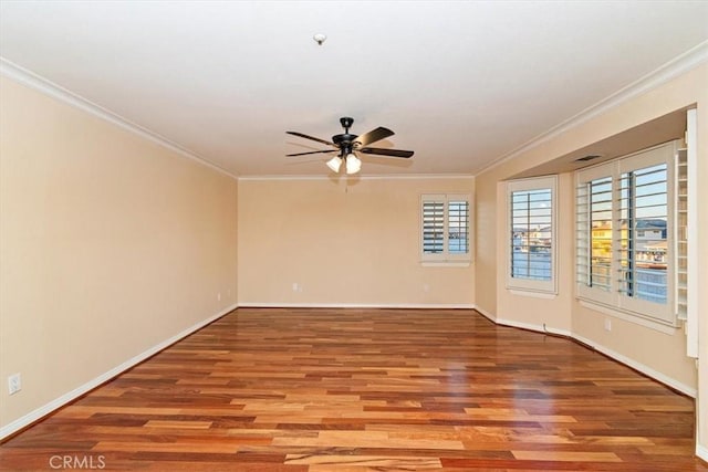 unfurnished room with wood-type flooring, ceiling fan, and crown molding