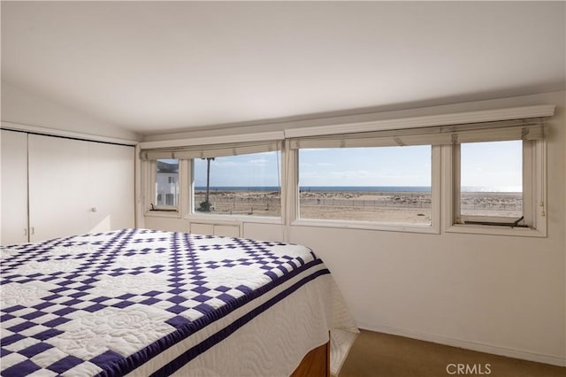 carpeted bedroom featuring vaulted ceiling and a closet