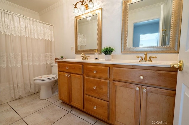 bathroom featuring ornamental molding, toilet, tile patterned flooring, and vanity