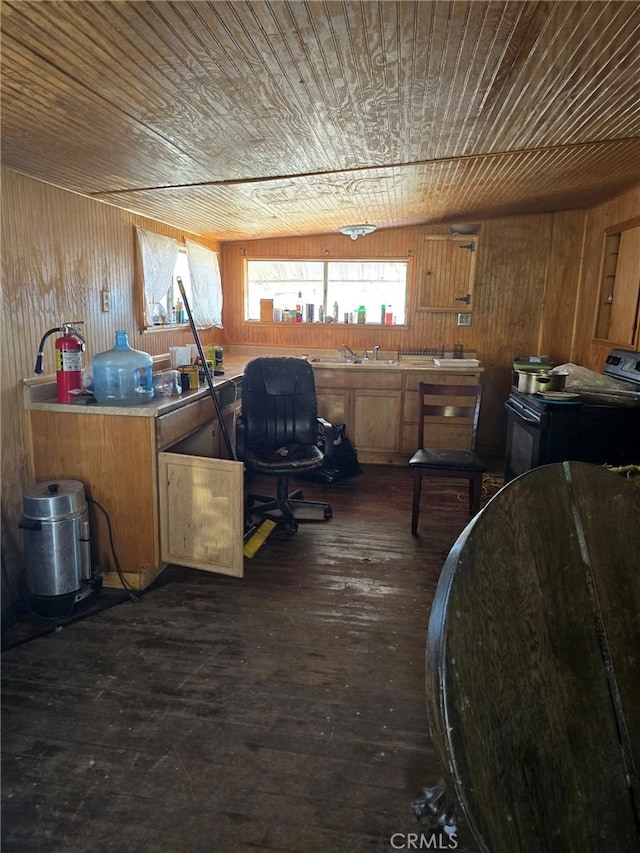 kitchen with black electric range oven, dark wood-type flooring, wooden ceiling, and wood walls