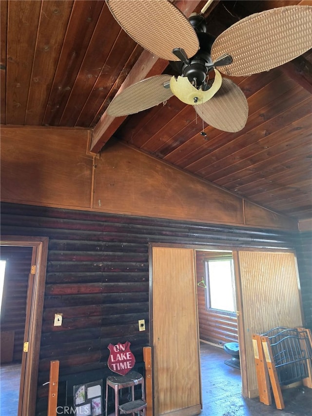 interior details with rustic walls and wooden ceiling