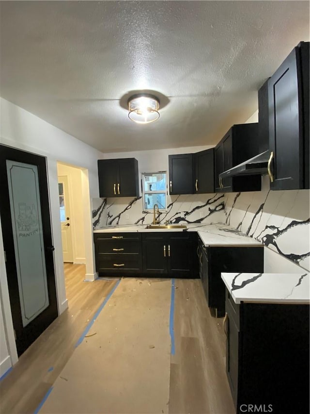 kitchen with tasteful backsplash, light stone countertops, a textured ceiling, and light wood-type flooring