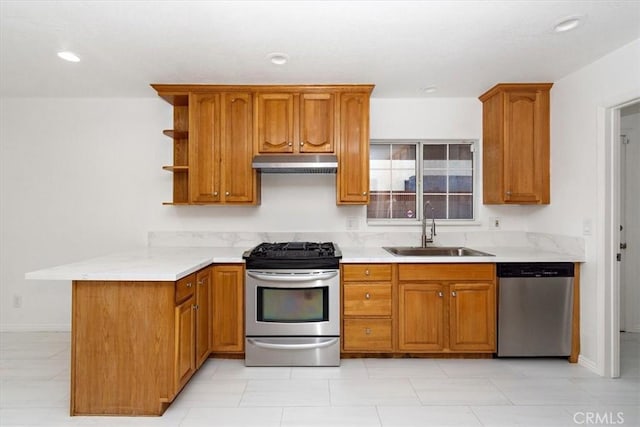 kitchen with a peninsula, stainless steel appliances, under cabinet range hood, open shelves, and a sink