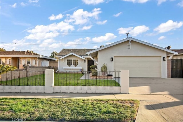 ranch-style home with a garage, concrete driveway, stucco siding, a fenced front yard, and a front yard