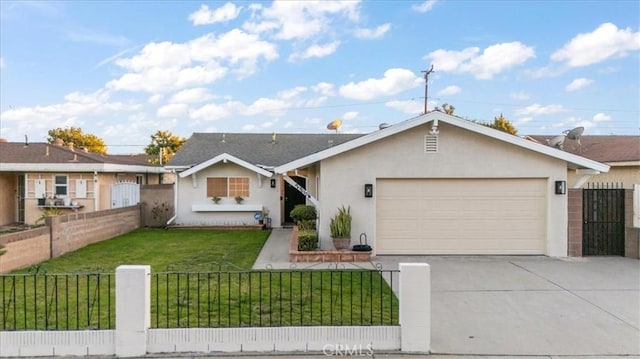 ranch-style home with a garage, concrete driveway, a fenced front yard, a front lawn, and stucco siding