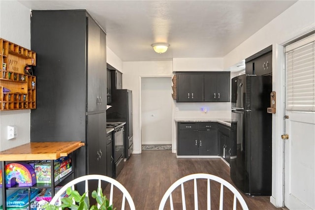 kitchen with black refrigerator, range, and dark hardwood / wood-style floors