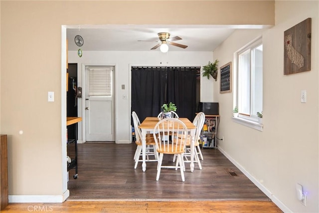 dining room featuring dark hardwood / wood-style floors and ceiling fan