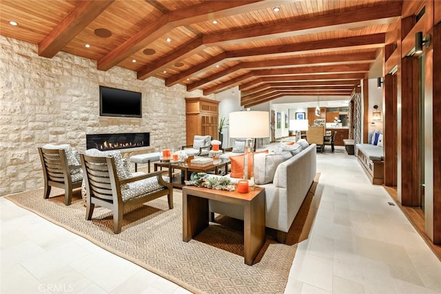 living room with lofted ceiling with beams and wood ceiling