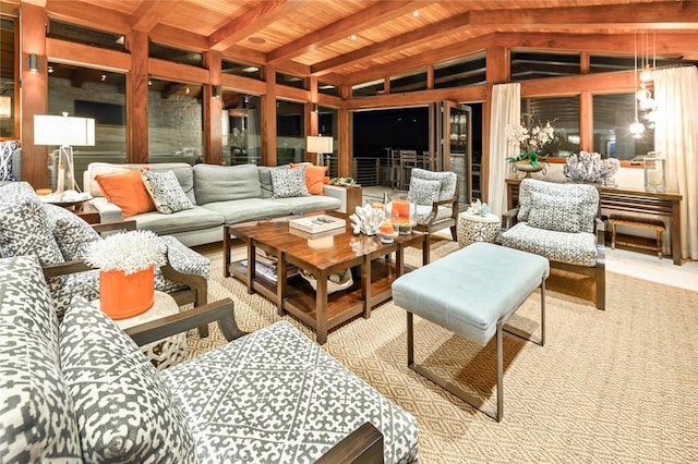 interior space featuring vaulted ceiling with beams and wood ceiling