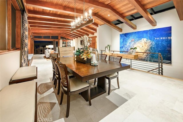 dining room with an inviting chandelier, lofted ceiling with beams, and wood ceiling