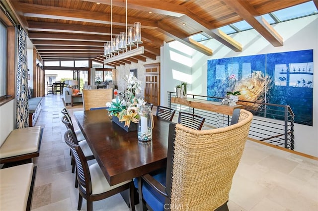 dining space with vaulted ceiling with skylight and wood ceiling