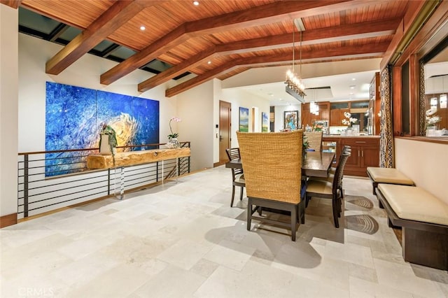 dining space with a chandelier, wood ceiling, and lofted ceiling with beams