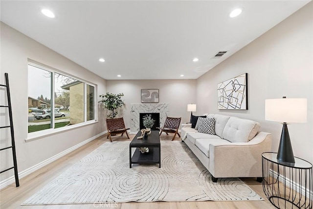 living room featuring a fireplace and light wood-type flooring