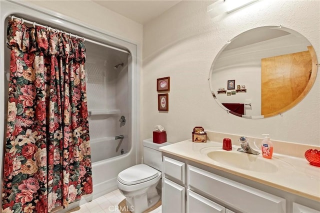 full bathroom with vanity, shower / tub combo, and toilet