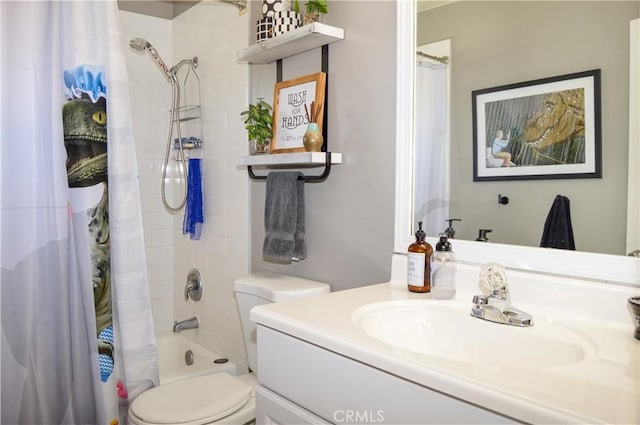 full bathroom with toilet, shower / tub combo with curtain, and vanity