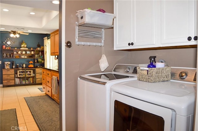 laundry room with recessed lighting, a ceiling fan, light tile patterned floors, and washing machine and clothes dryer