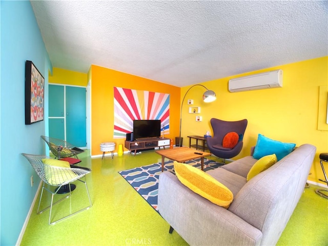 living room featuring a textured ceiling and an AC wall unit