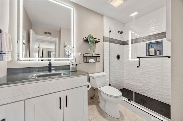 bathroom with a stall shower, visible vents, toilet, tile patterned flooring, and vanity