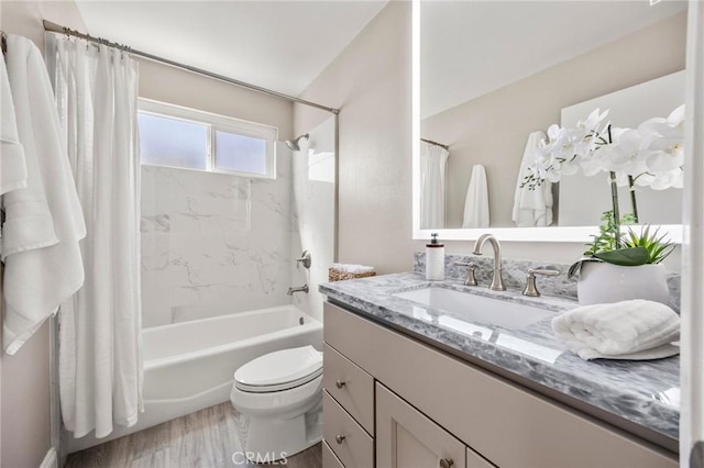 full bath featuring shower / bath combination with curtain, vanity, toilet, and wood finished floors