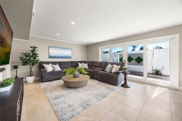 living room featuring recessed lighting, baseboards, crown molding, and light tile patterned flooring