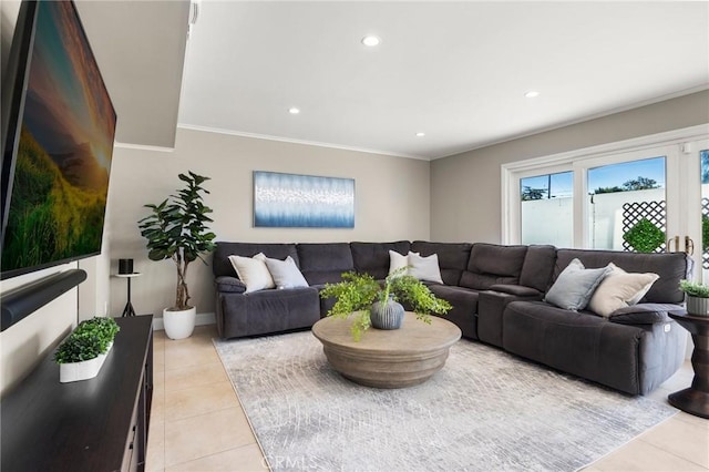 living area with ornamental molding, recessed lighting, light tile patterned flooring, and baseboards