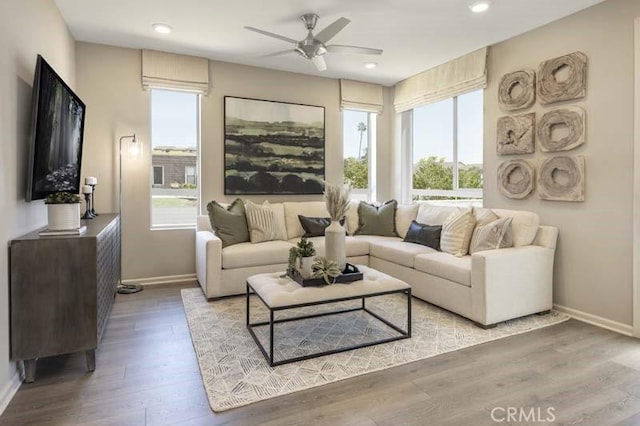 living room featuring ceiling fan and light hardwood / wood-style floors