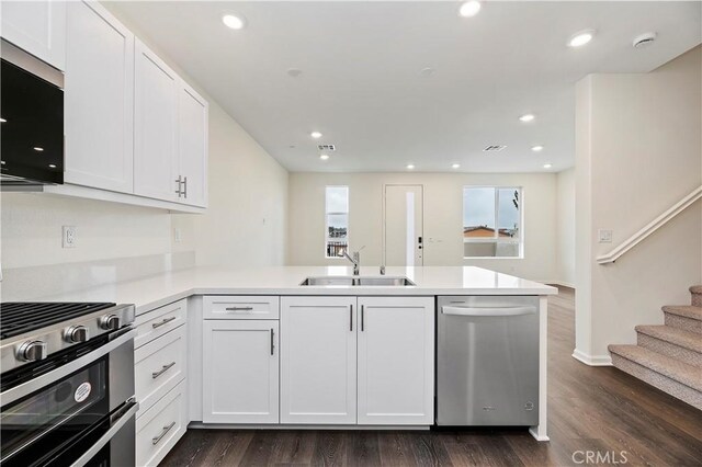 kitchen with dark wood-style flooring, appliances with stainless steel finishes, white cabinetry, a sink, and a peninsula