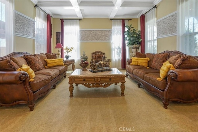 5003 Thornberry Way, Fontana, CA 92336 - living room featuring plenty of natural light, crown molding, beamed ceiling, carpet floors, and coffered ceiling