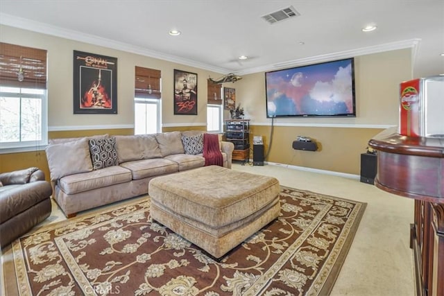 5003 Thornberry Way, Fontana, CA 92336 - carpeted living room featuring ornamental molding, baseboards, recessed lighting, and visible vents