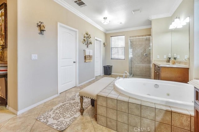 5003 Thornberry Way, Fontana, CA 92336 - full bath with ornamental molding, visible vents, a stall shower, a jetted tub, and tile patterned floors