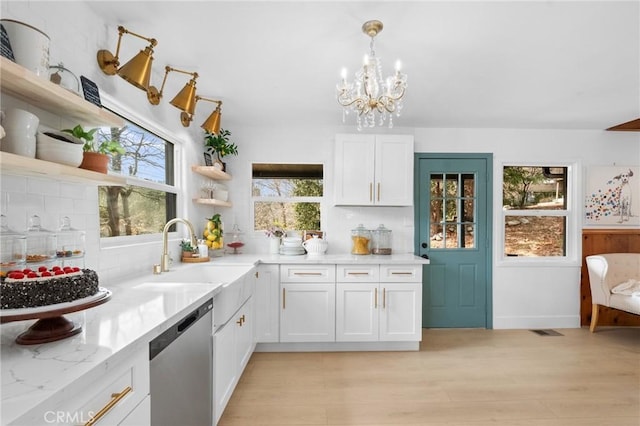 kitchen with sink, white cabinetry, hanging light fixtures, stainless steel dishwasher, and backsplash