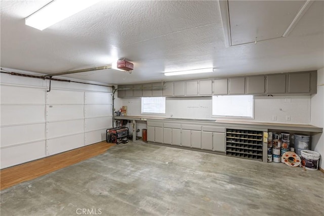 garage featuring a garage door opener and a workshop area