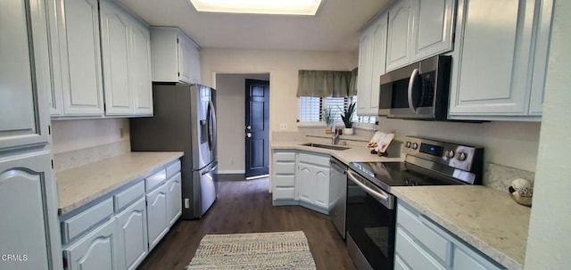 kitchen with a sink, stainless steel appliances, dark wood-style floors, and baseboards