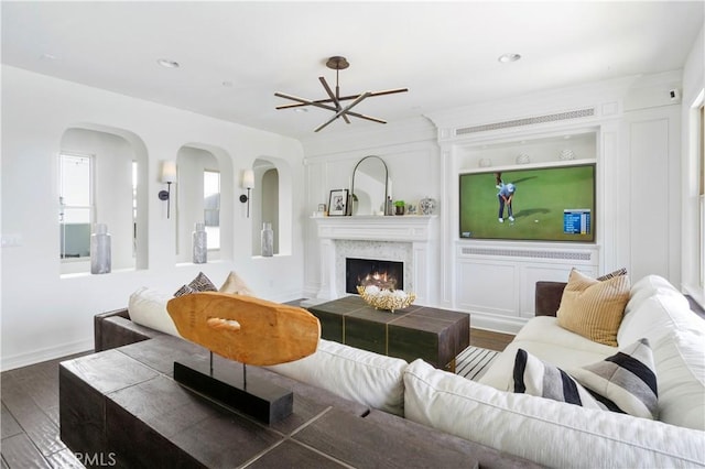 living room with dark wood-type flooring