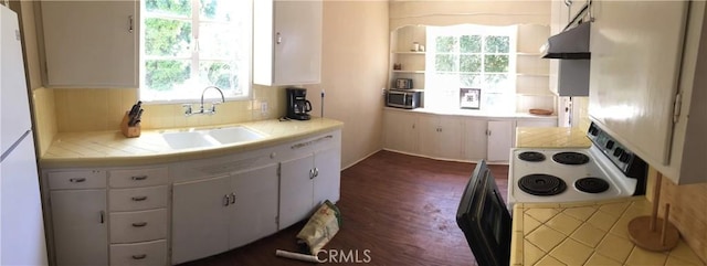 kitchen featuring dark wood-type flooring, sink, tile countertops, white cabinets, and backsplash