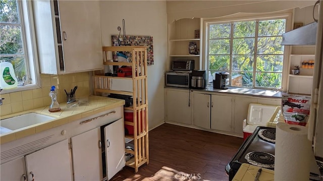 kitchen with dark hardwood / wood-style floors, sink, white cabinets, tile counters, and plenty of natural light