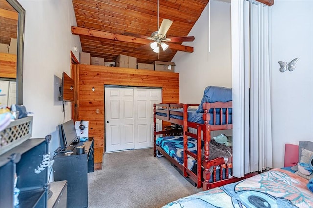 bedroom with high vaulted ceiling, wooden ceiling, and dark carpet