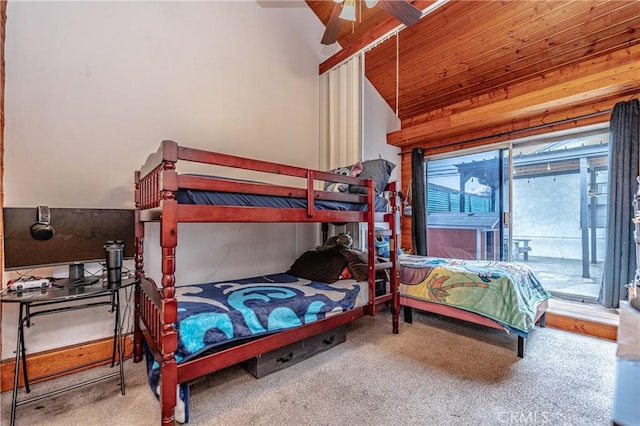 bedroom featuring high vaulted ceiling, access to outside, carpet flooring, ceiling fan, and beam ceiling