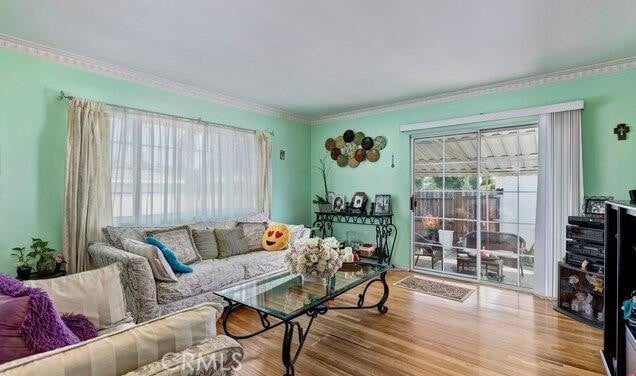 living room with ornamental molding and light hardwood / wood-style floors