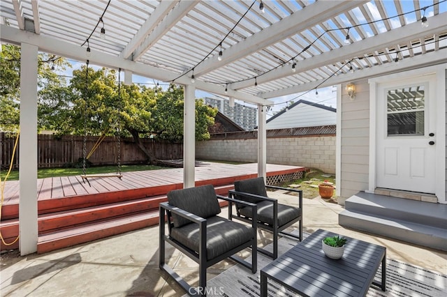 view of patio with a deck, a fenced backyard, a pergola, and entry steps