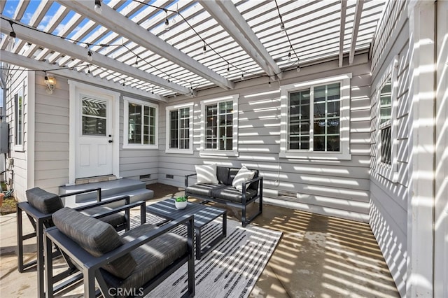 view of patio featuring an outdoor living space, entry steps, and a pergola