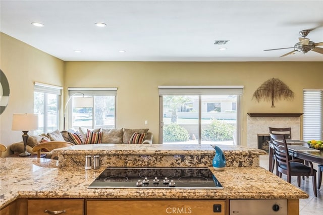 kitchen with light stone countertops, plenty of natural light, and black electric stovetop