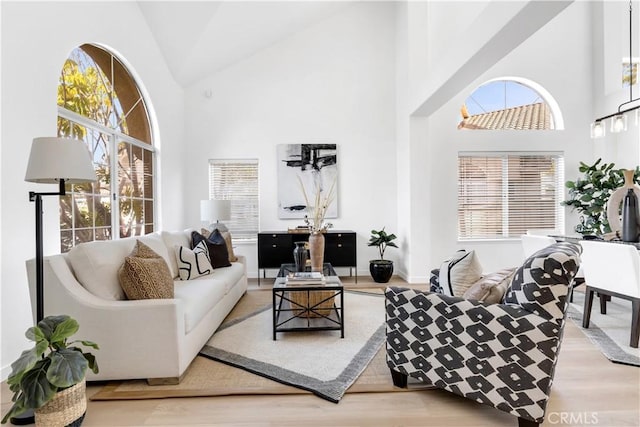 living area with high vaulted ceiling, plenty of natural light, and wood finished floors